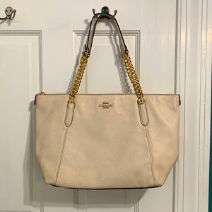 Coach Ava Chain Large Tote Cream White Top Zip Leather Purse